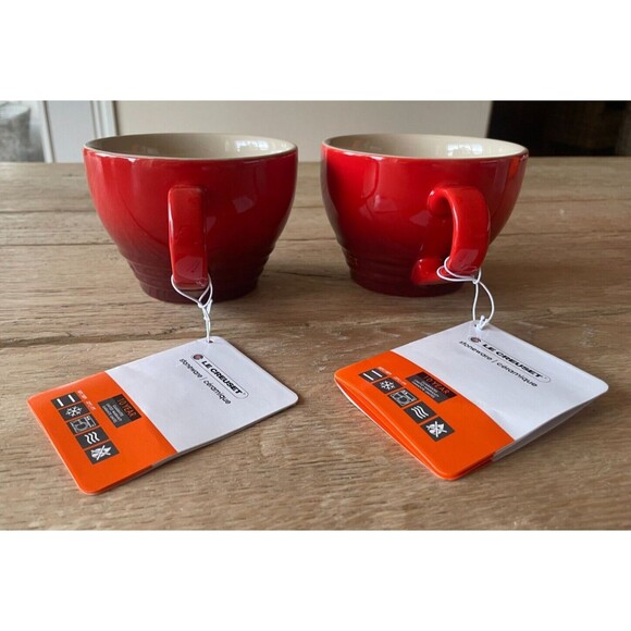 Le Creuset Stoneware Set of 2 Bistro Mug Giant Cappuccino Cup 14 oz Cerise NEW - Picture 6 of 10